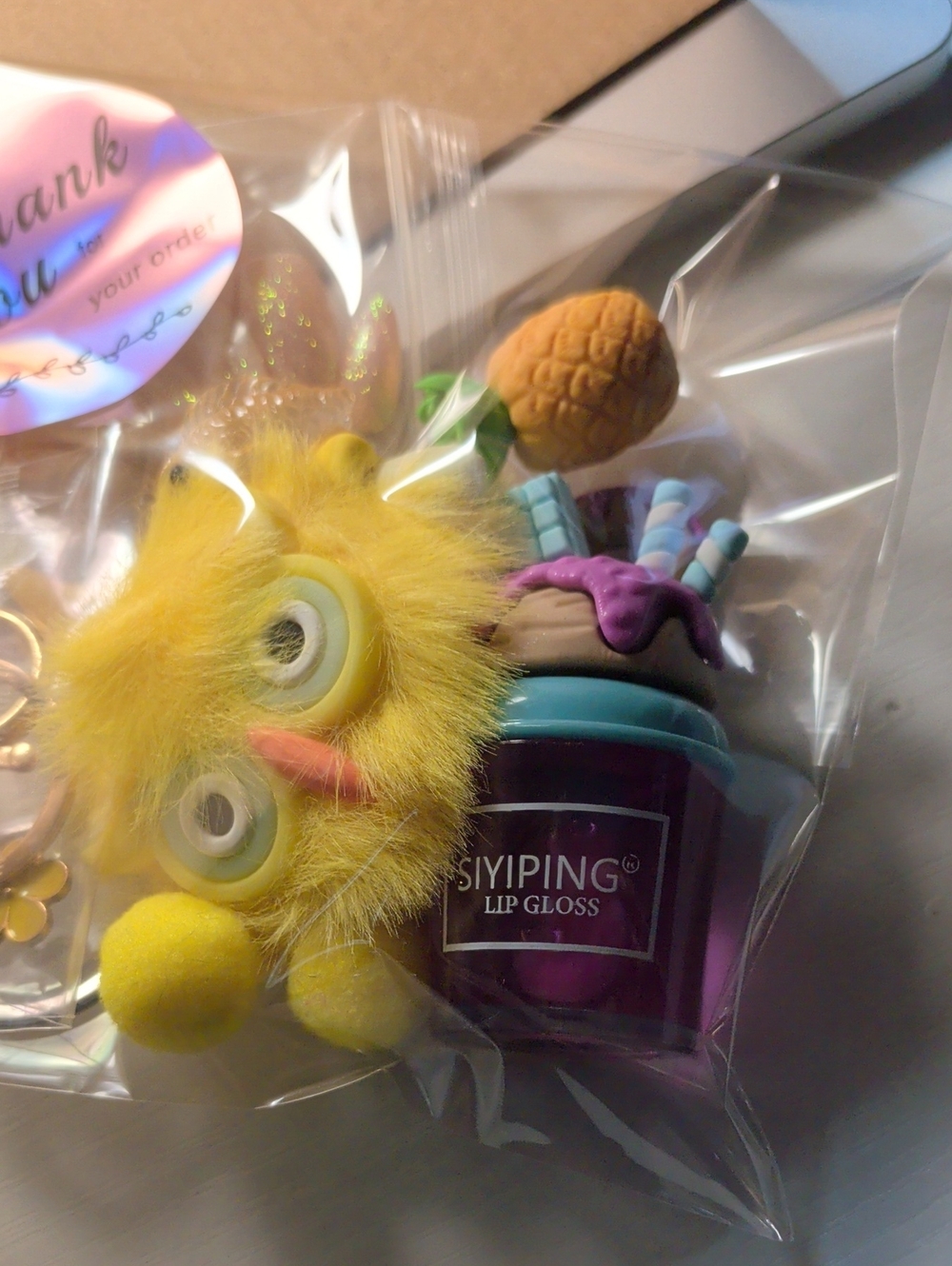 SIYIPING Yellow Fuzzy Monster Keychain with Purple Cup Charm